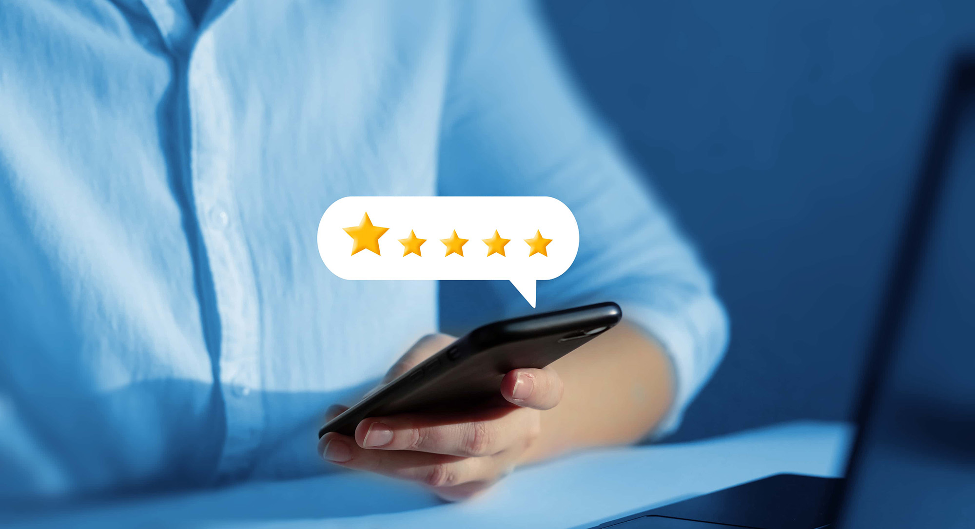 concept of satisfaction quality and performance of services. person who gives leave feedback on the bought product with gold five star rating feedback icon. 